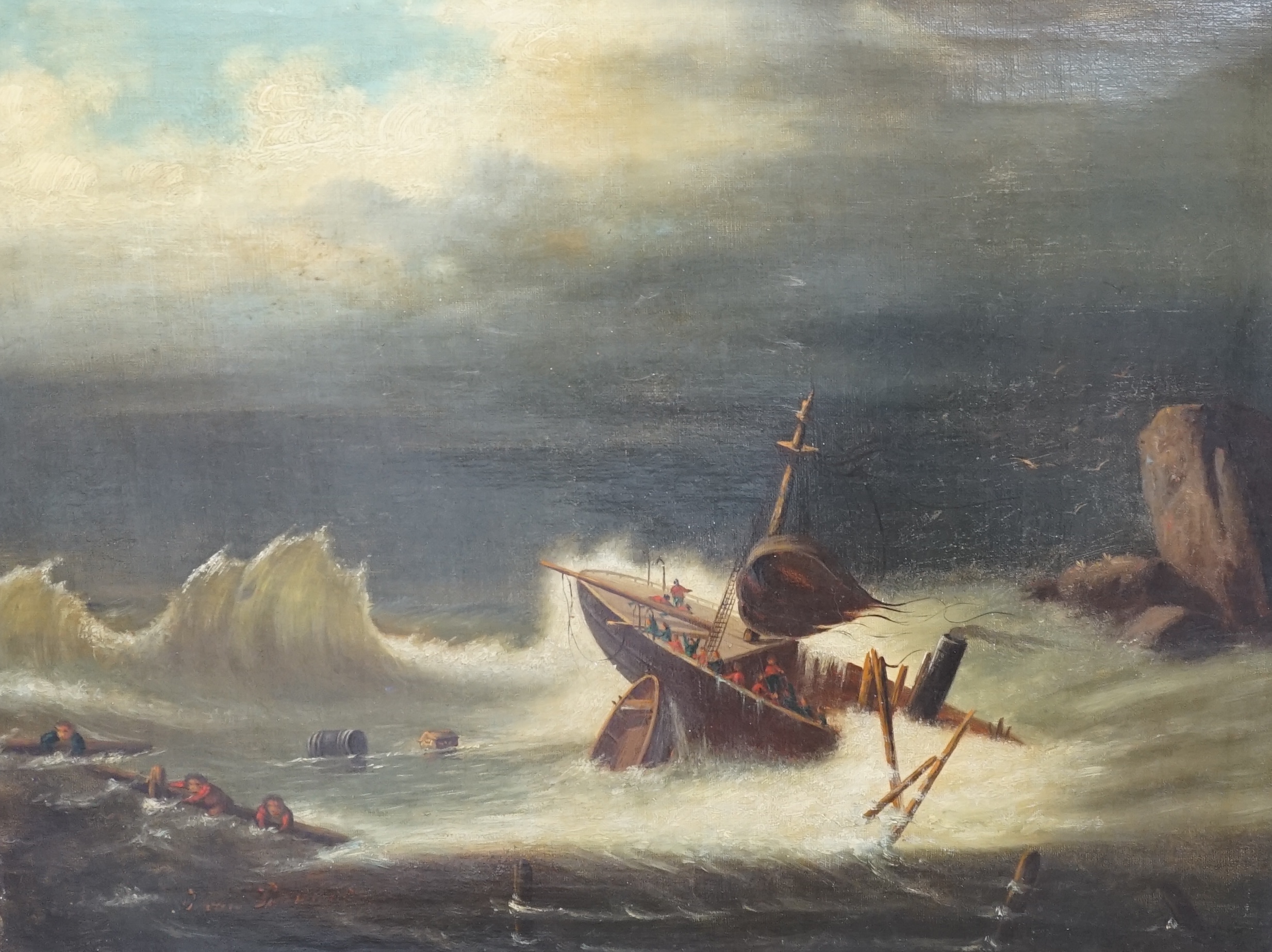 19th century, oil on canvas, Shipwreck scene, indistinctly signed lower left, 41 x 51cm. Condition - fair, canvas sagging